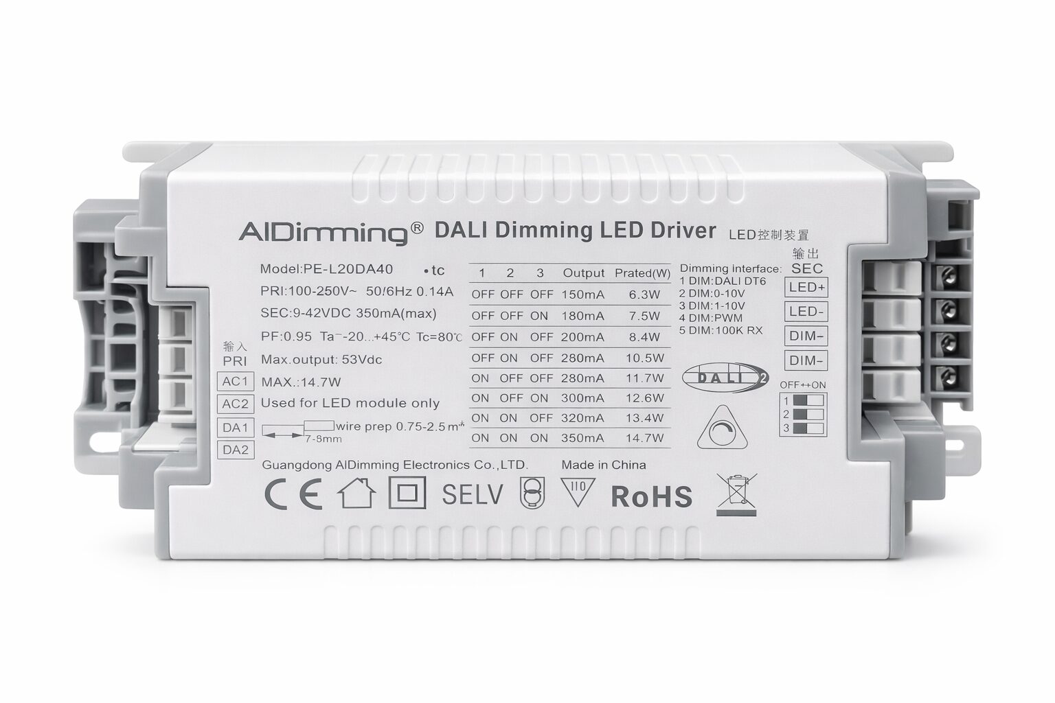 AiDimming DALI Dimming LED Driver 150-350mA / 14 w