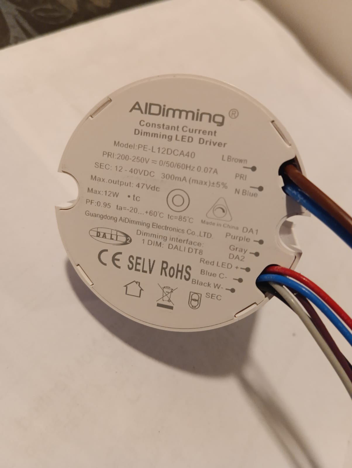 AiDimming 12W DALI DT8 Dimmable LED Driver 300mA Constant Current | 200-250V AC | PE-L12DCA40 | 12-40V DC Output | Panel & Downlight Driver
