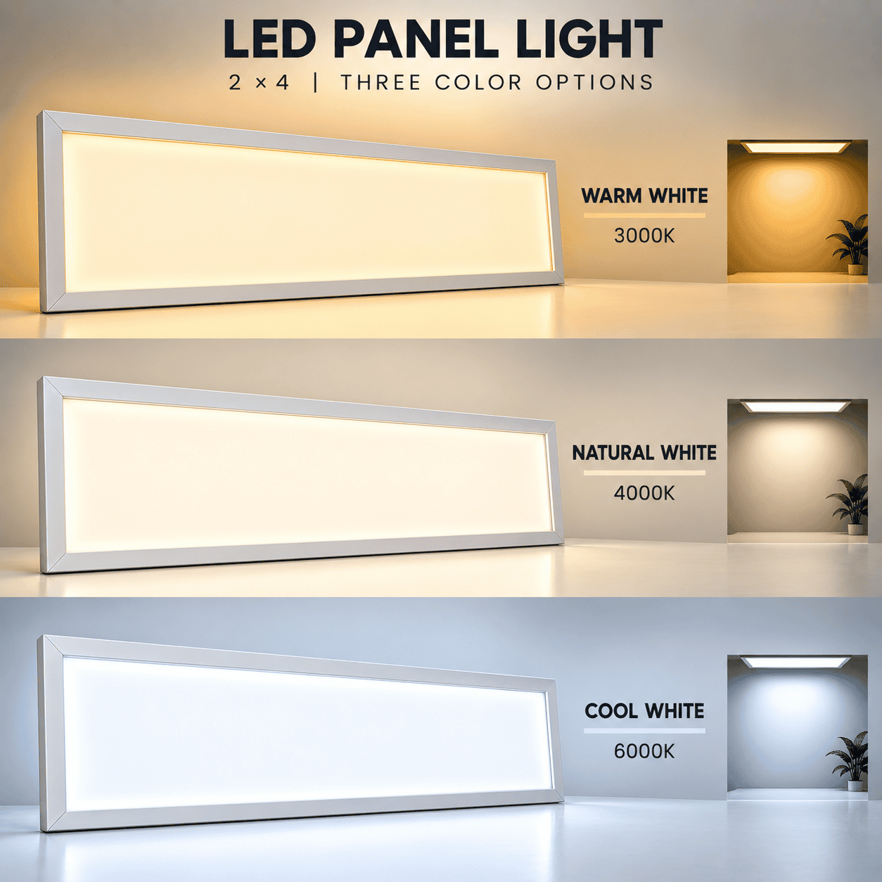 2×4 LED Panel Light – Warm White, Natural White & Cool White
